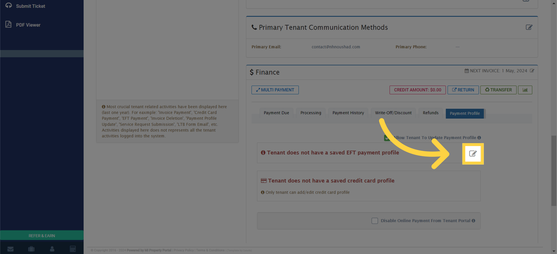Select the 'Edit' icon to modify the tenant's bank account details