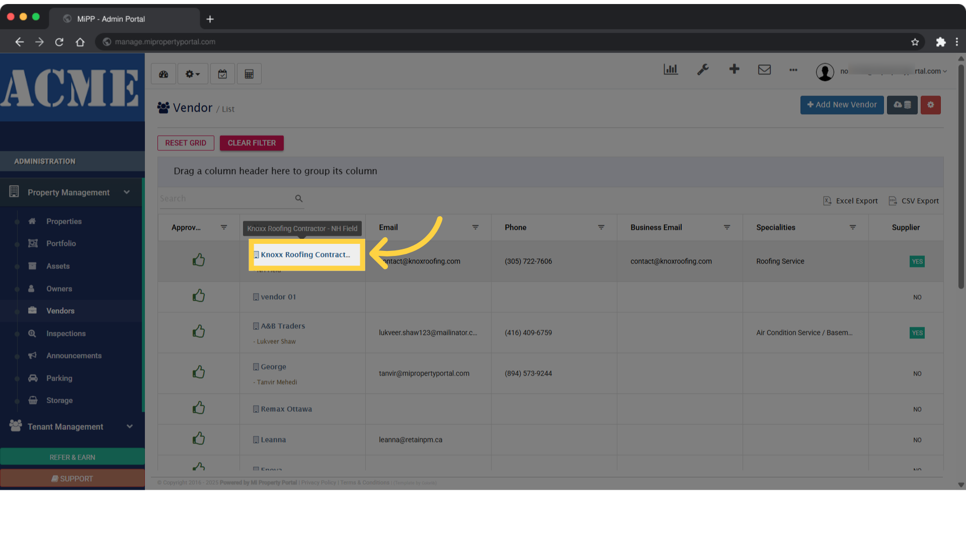Once you are in the 'Vendor / List' section, select the desired vendor from the list.