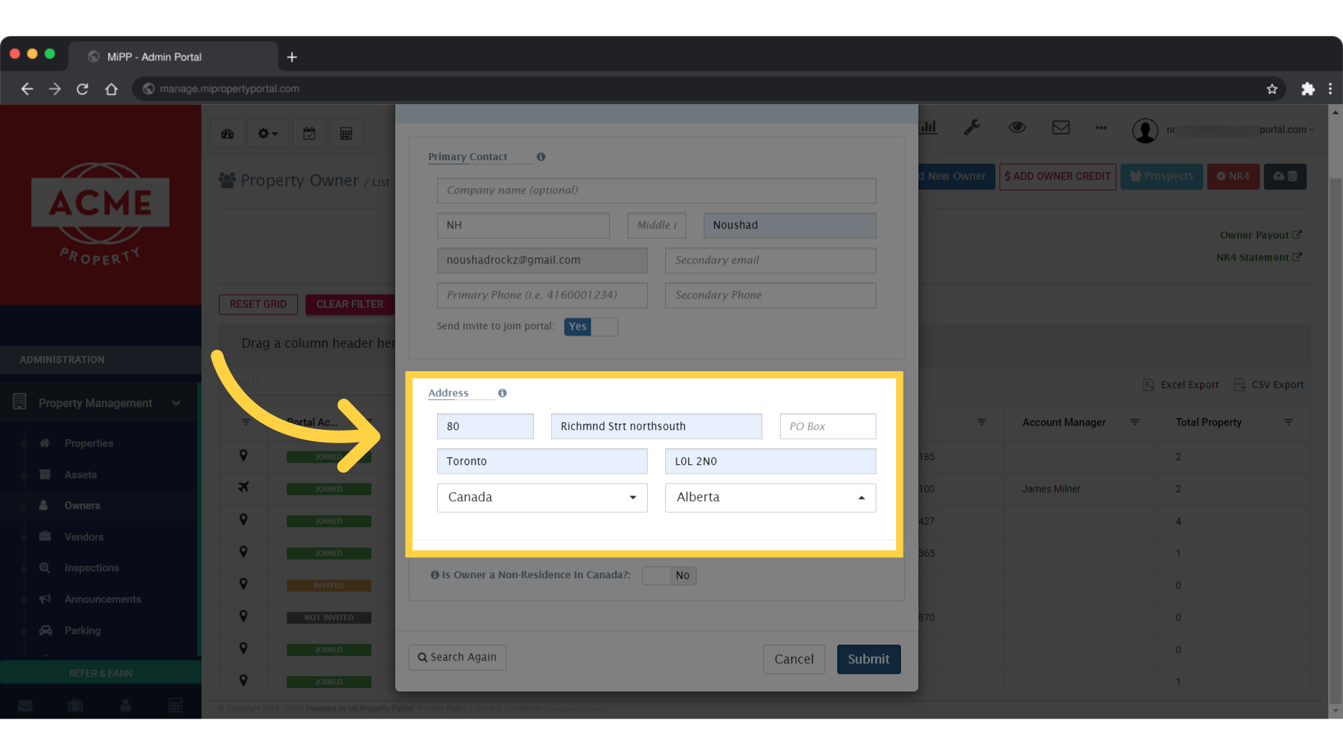 Enter the owner's 'Address' information in the designated fields. Toggle the button to 'No' or 'Yes' as per your requirement.