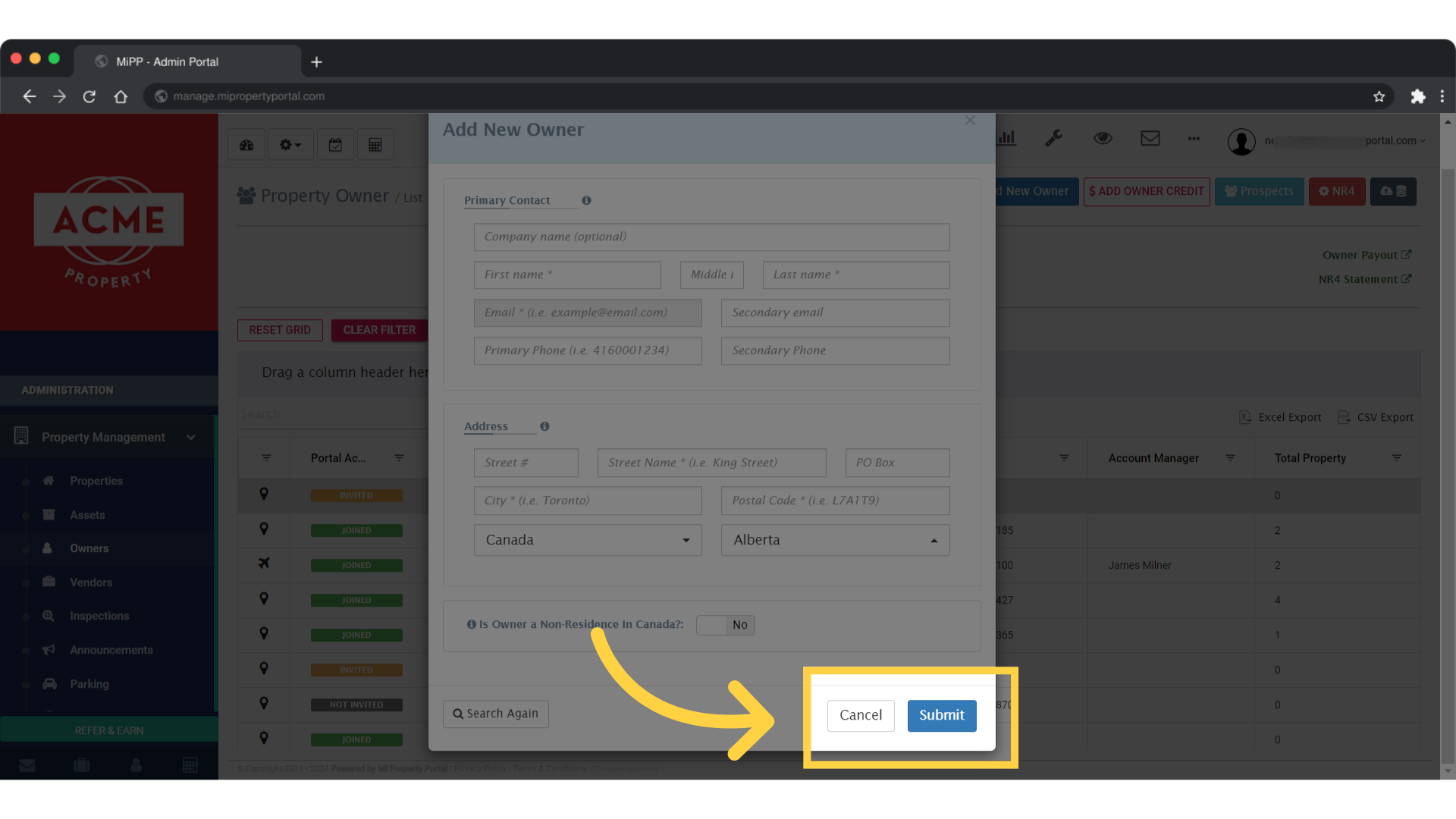 Finally, click on submit. If you follow this process, you will have to submit owner's email address. Without email address, they will not be invited.