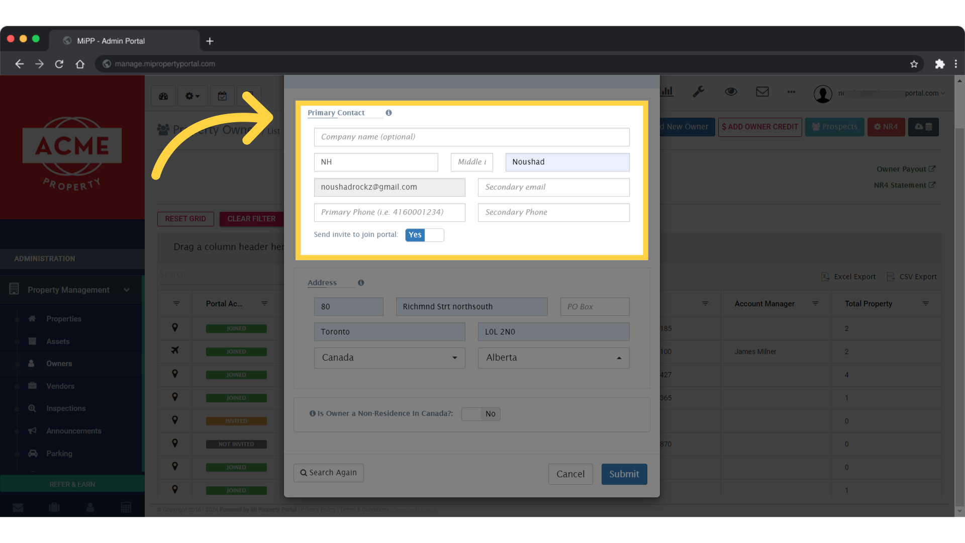 Fill out the 'Primary Contact' fields with the owner's information
