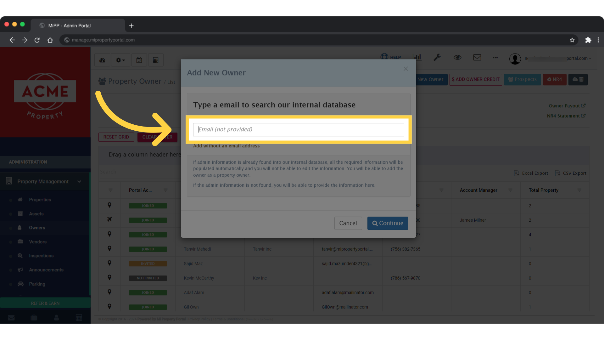 In the 'Email (not provided)' field, enter the owner's email address