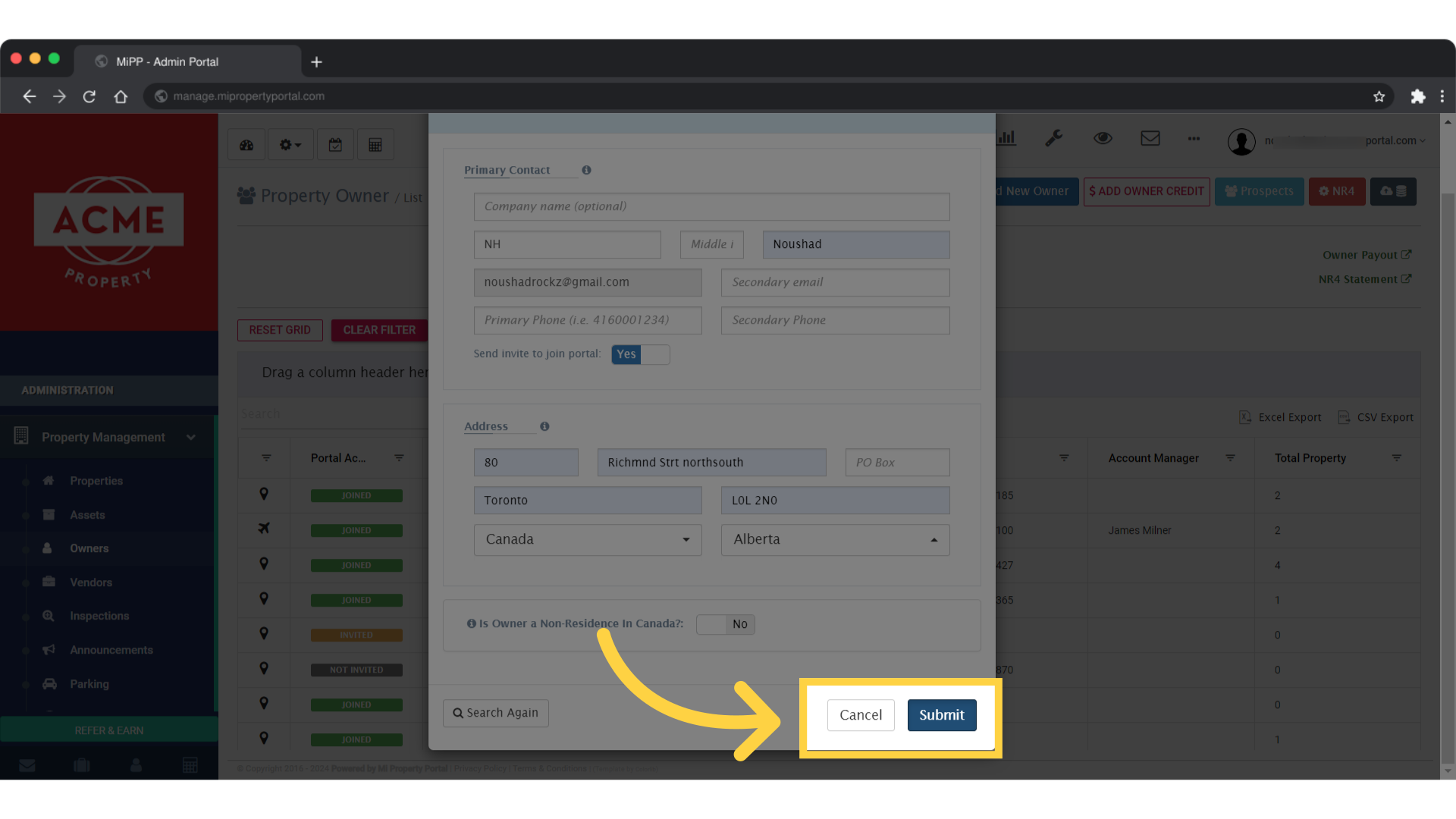 Click the 'Submit' button to finalize the addition of the owner
