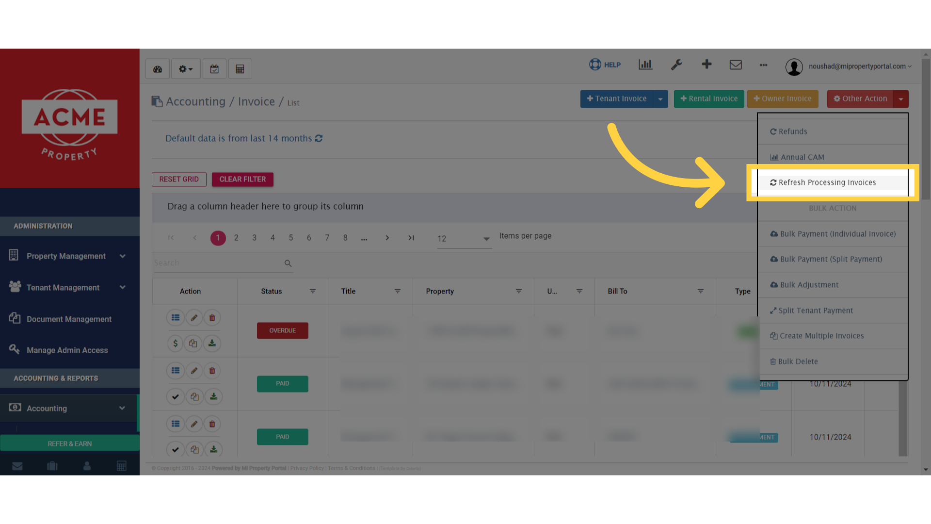 Click 'Refresh Processing Invoices'