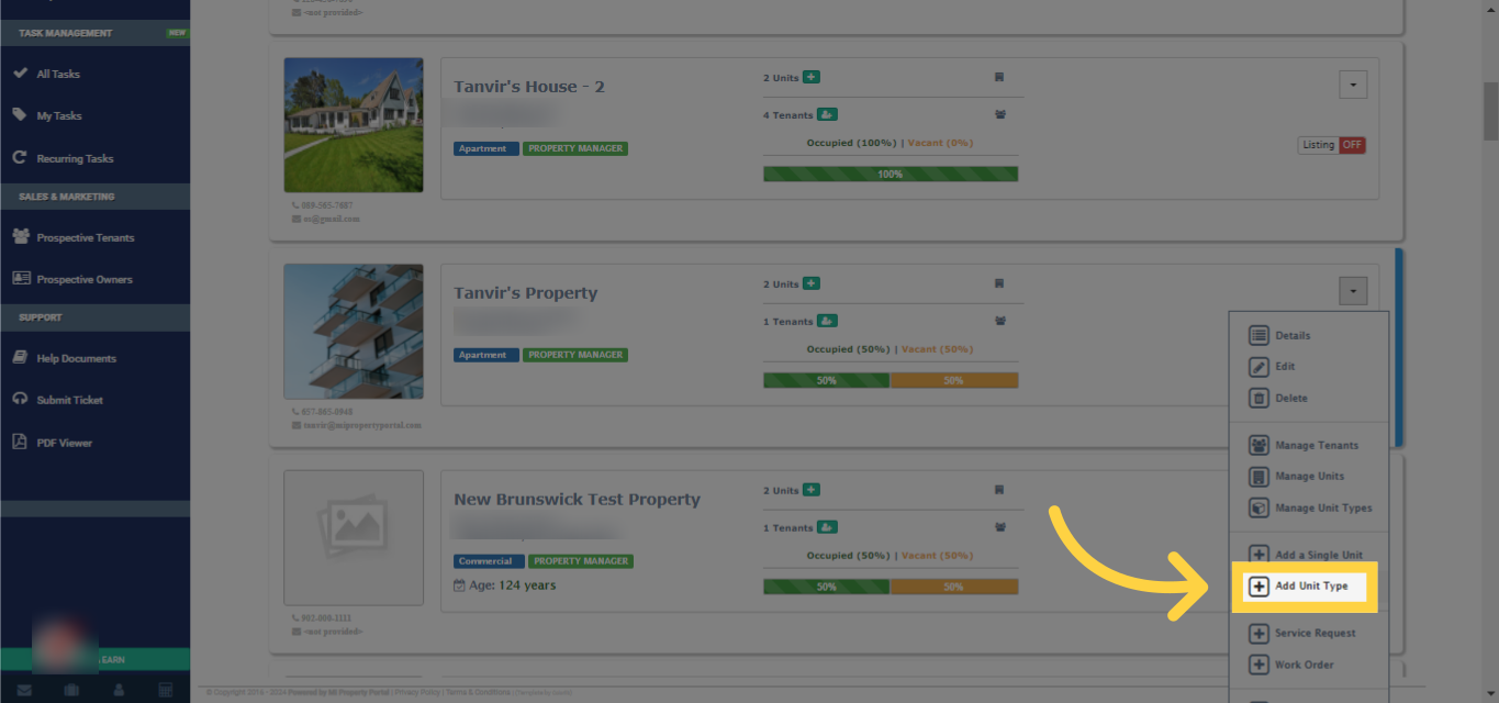 Click on 'Add Unit Type' from the dropdown