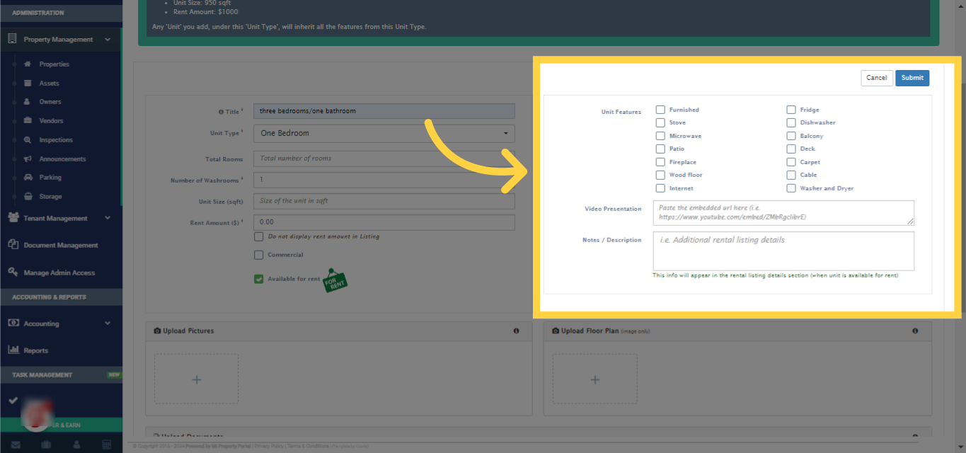 Select unit features (if any). Copy/Paste Video Url in the Video Presentation Field. Put additional info/notes in the Notes/Description field