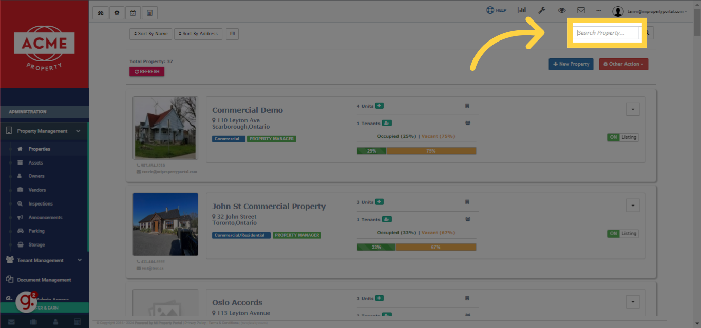 Click on the 'Search Property...' field. In the search field, type in the name of the property you're working with.