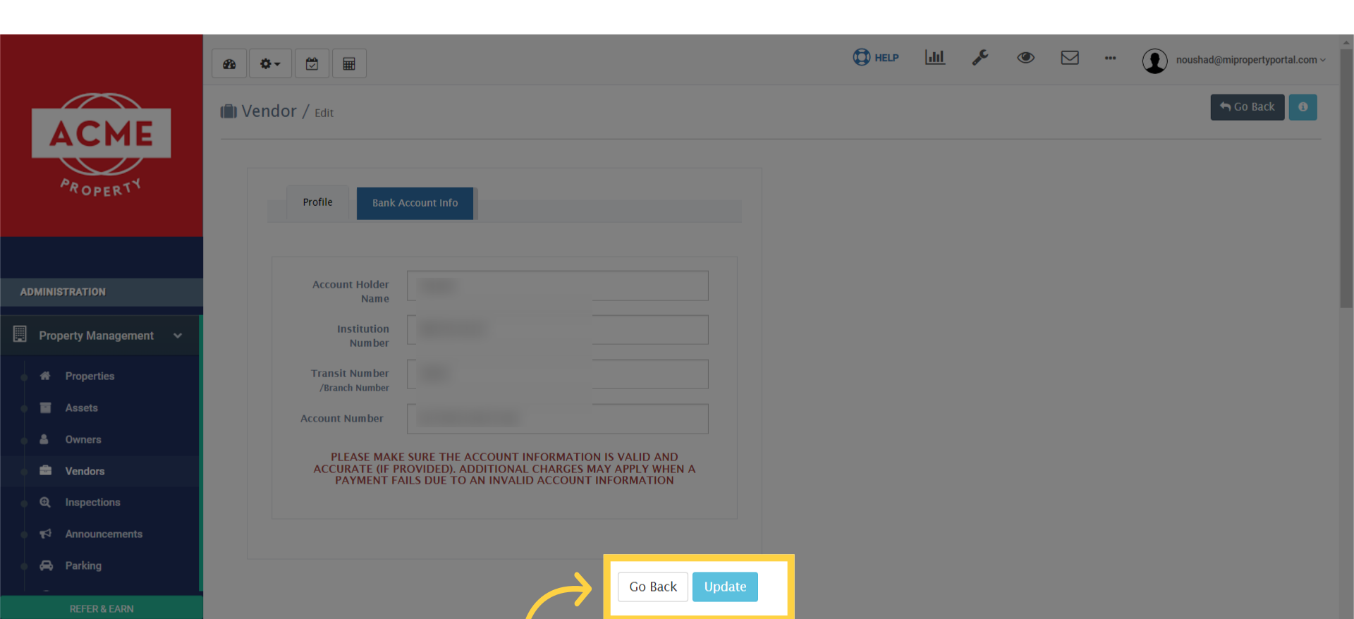 Finally, click on 'Update' to save the changes to the vendor's bank account information.