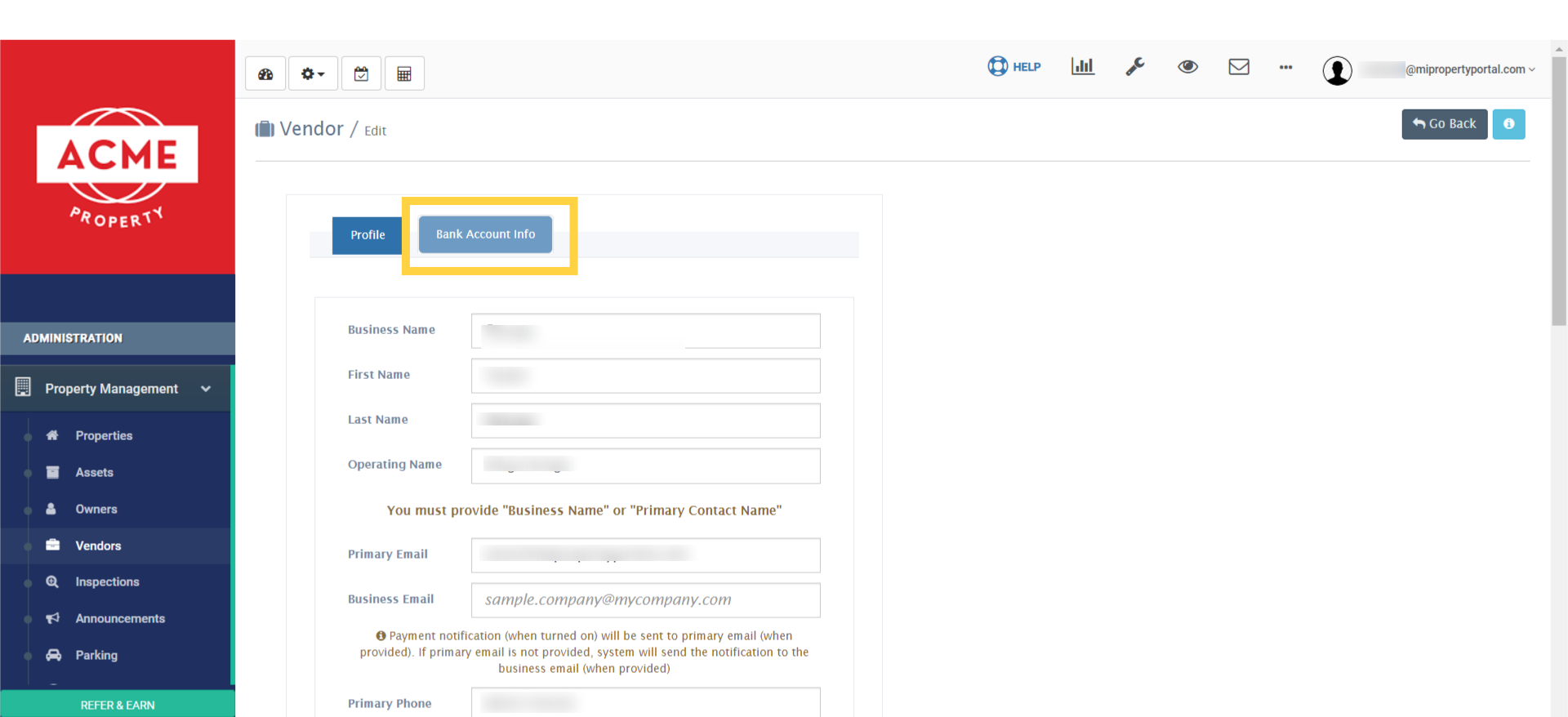 Now, fill in the required information for the vendor's bank account