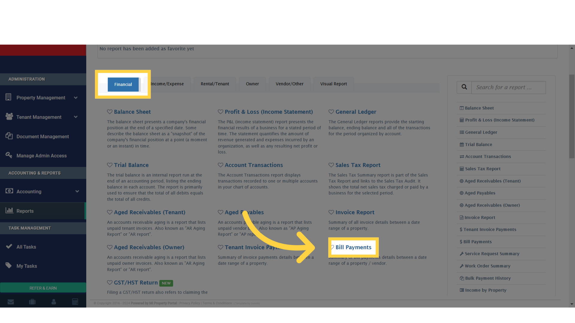 click on Bill Payments under Financial tab