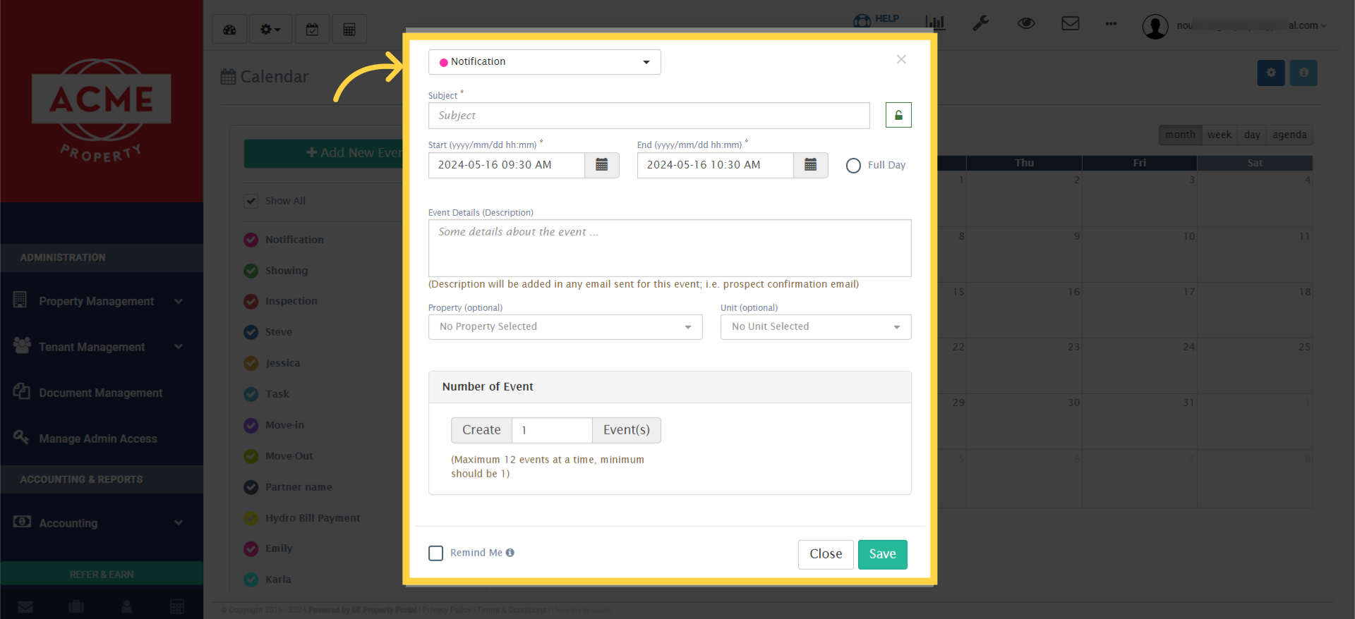 In the event creation form, click on the 'Notification' dropdown menu
