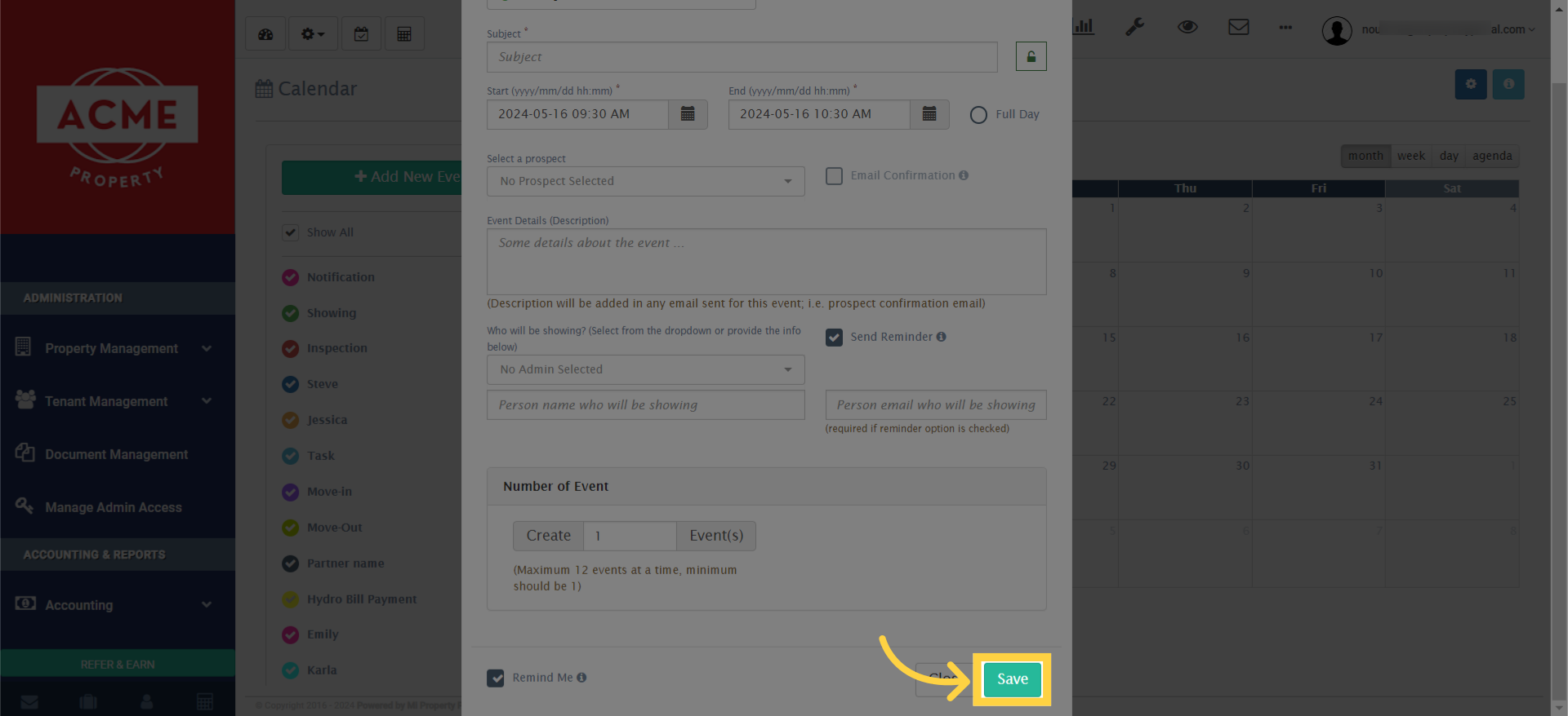 Finally, click on 'Save' to create the event and save the notification settings