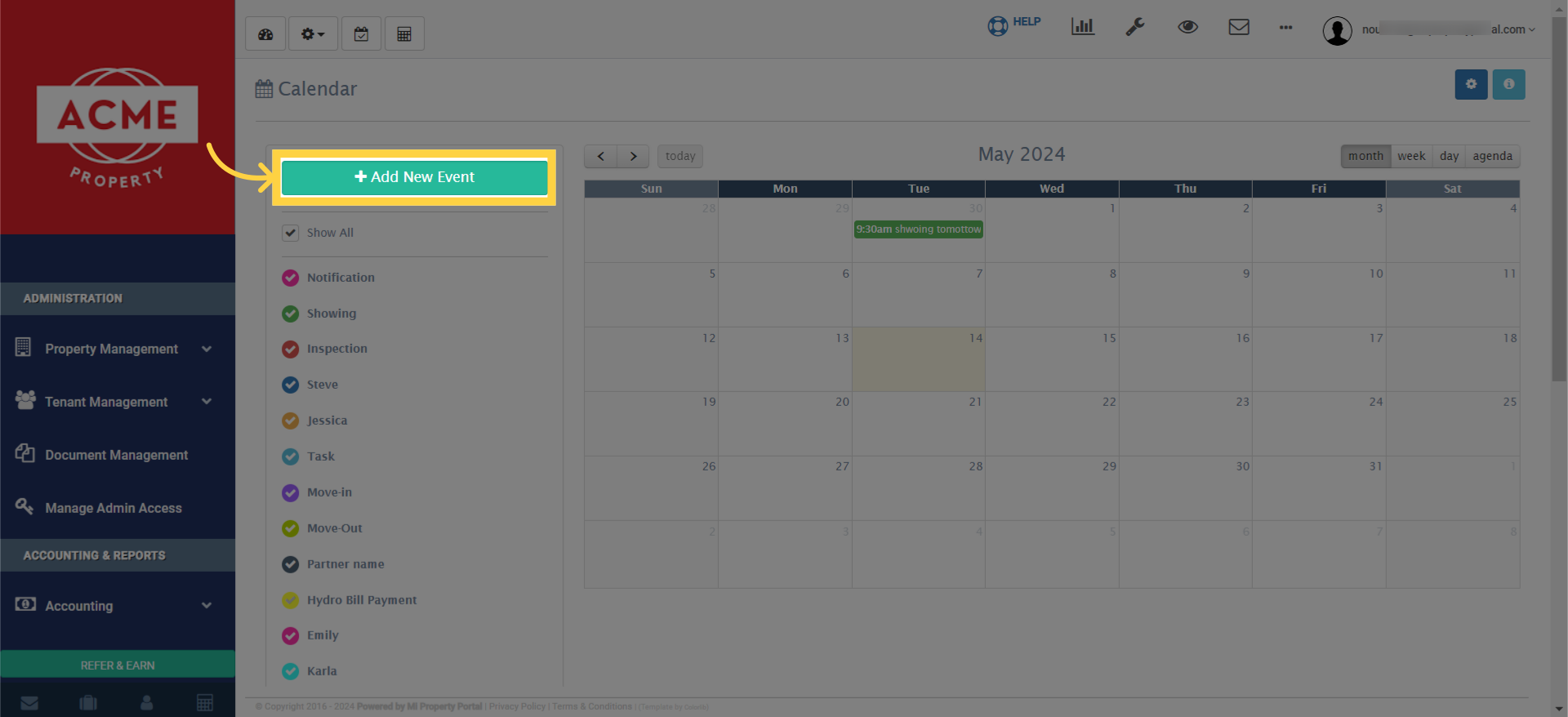Click on 'Add New Event' located on the left side of the Calendar Page