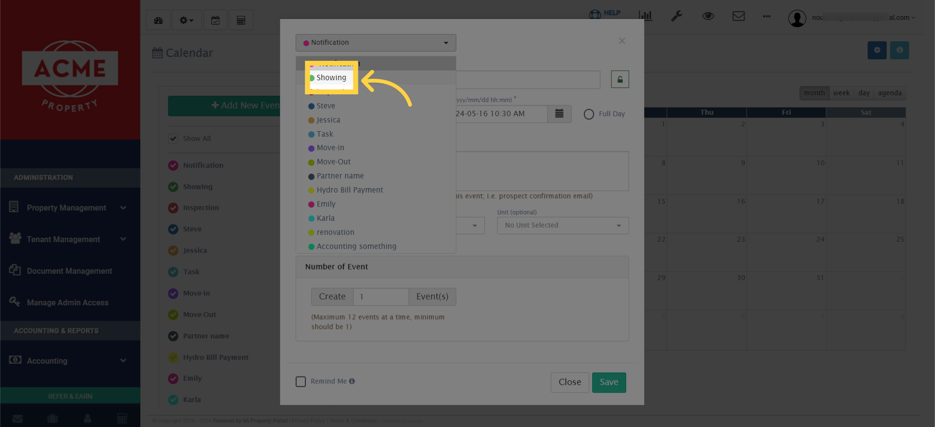 From the dropdown menu, select 'Showing' to specify the type of notification