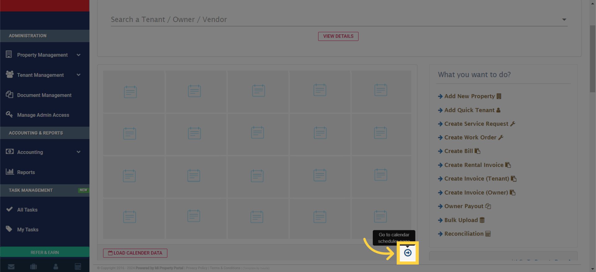 Log in to the Mi Property Portal Admin dashboard, then click the right-facing arrow in the Calendar section to expand it