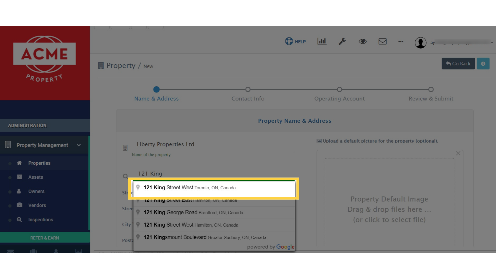 Select the address from the recommended options