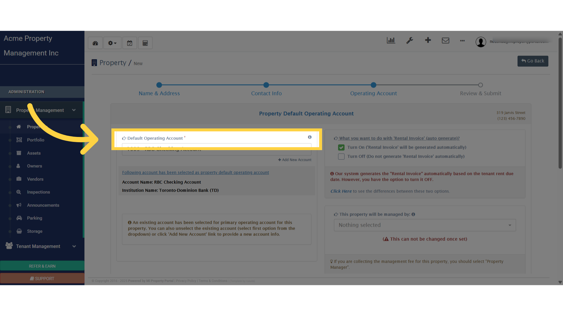Click 'Default Operating Account *'