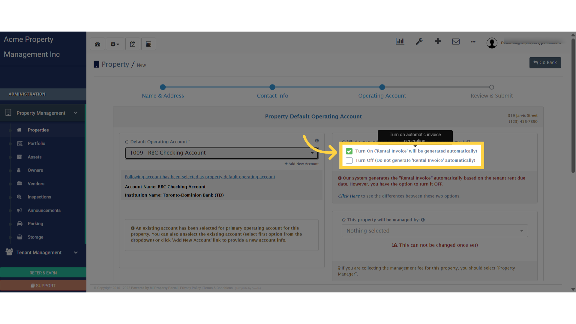 Click 'Turn On ('Rental Invoice' will be generated automatically)'