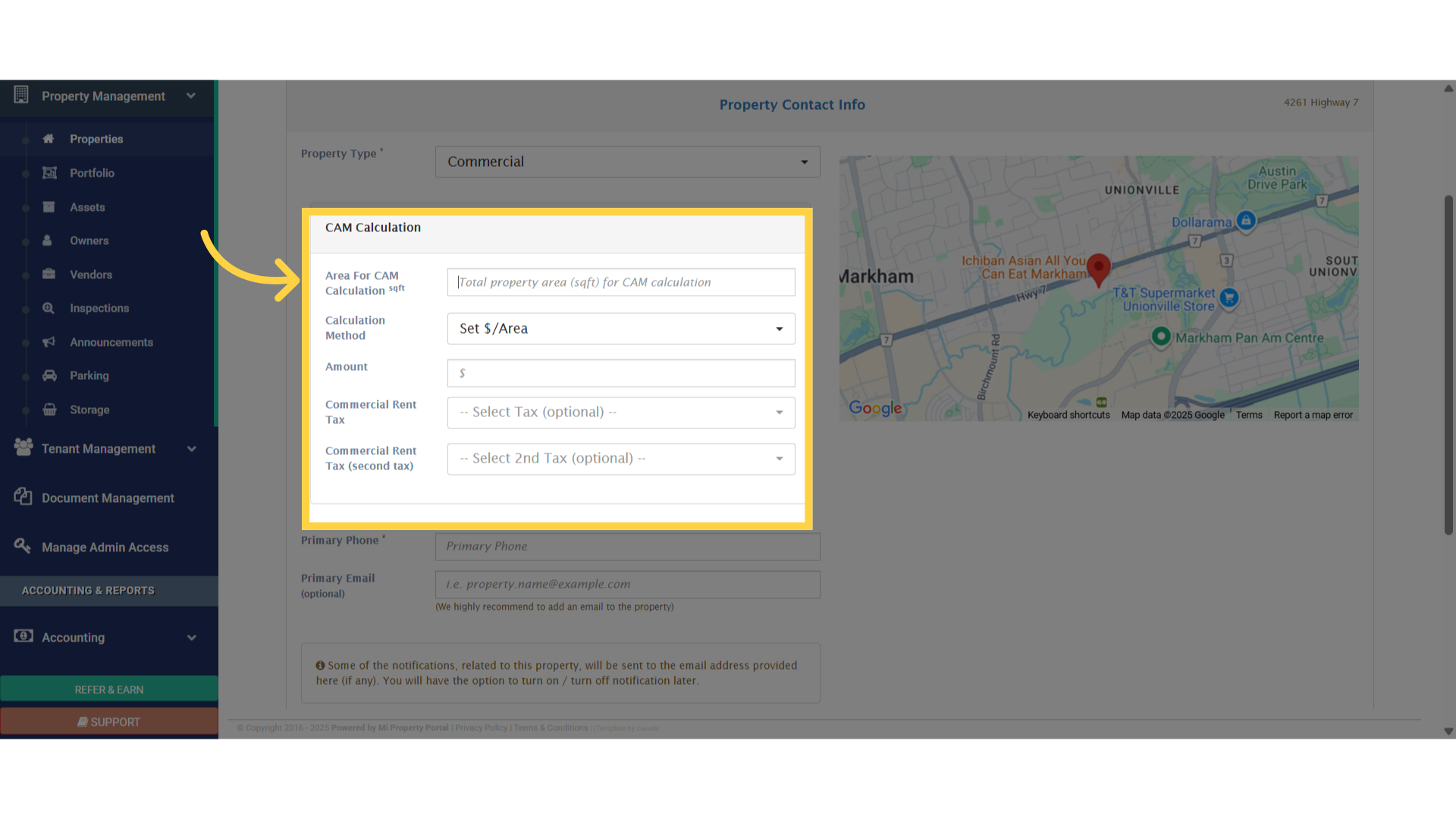 Click 'Area For CAM Calculation sqft'