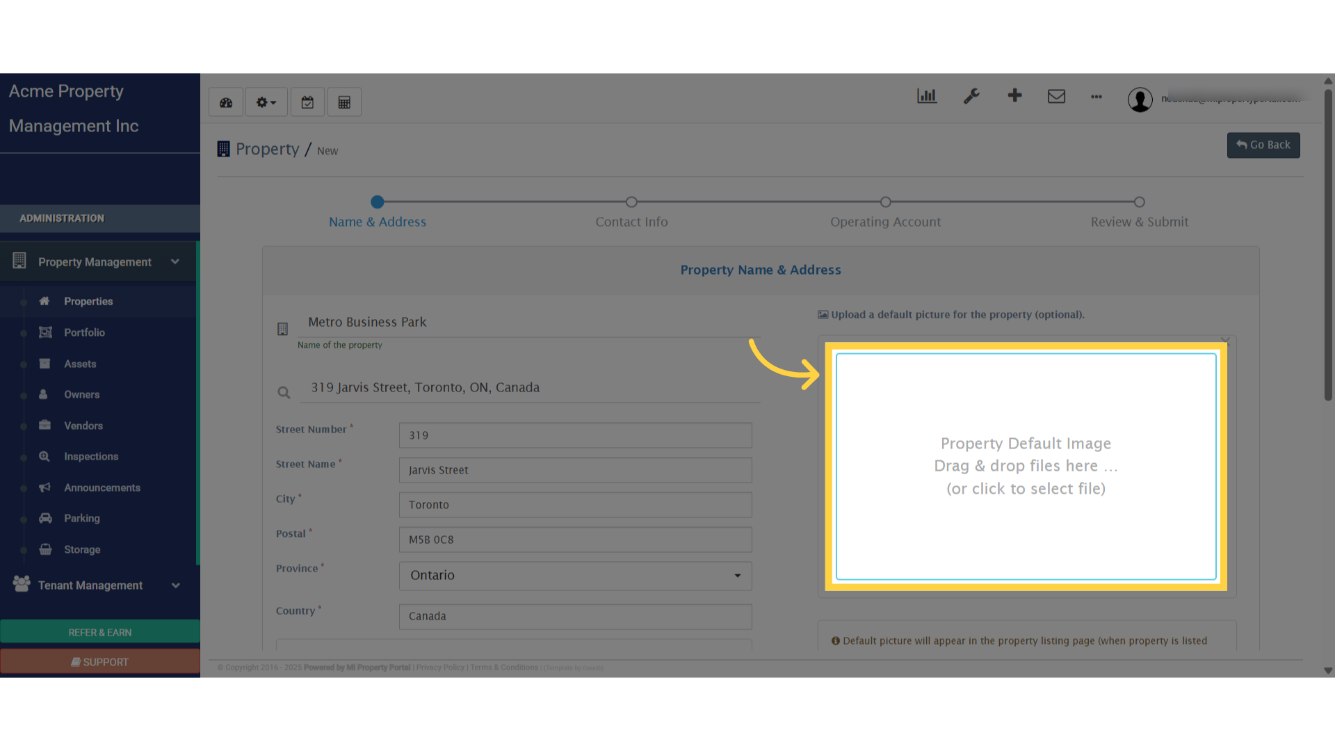 Click 'Property Default ImageDrag & drop files here …(or click to select file)'