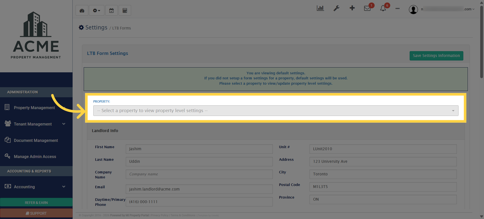 Choose Property for Settings