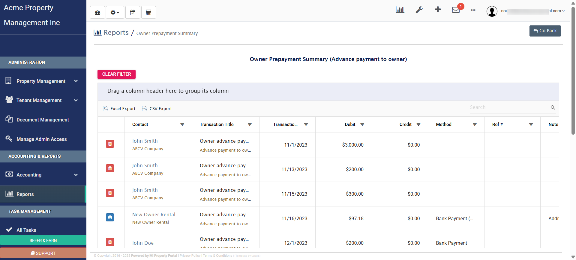 Click 'Reports / Owner Prepayment Summary'