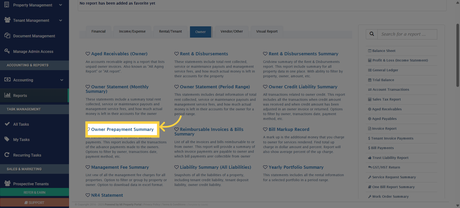 Click 'Owner Prepayment Summary'