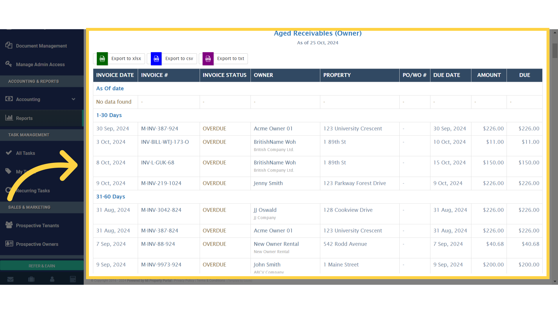 Click 'Aged Receivables (Owner)'
