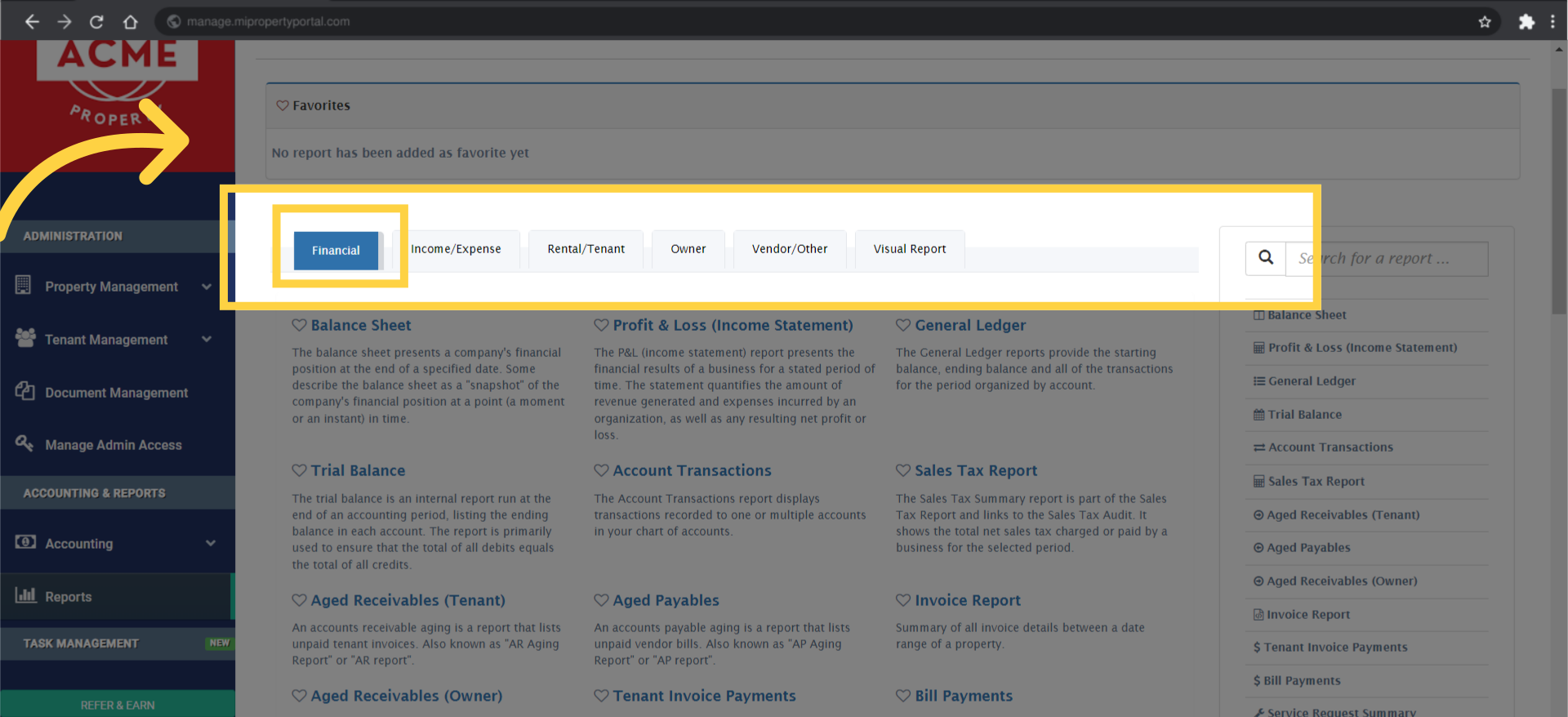 Once you've accessed the Reports Page, navigate to the Financial tab. 