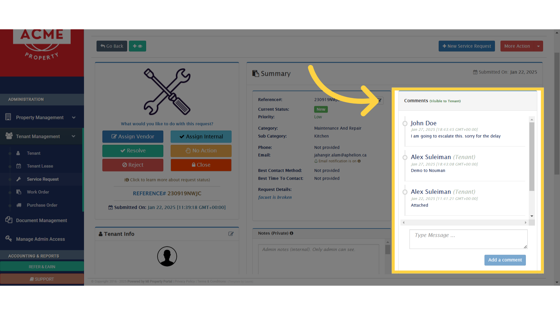 Click 'Comments (Visible to Tenant)'