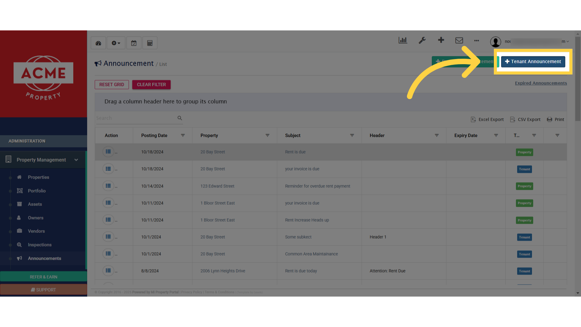 Click 'Tenant Announcement'