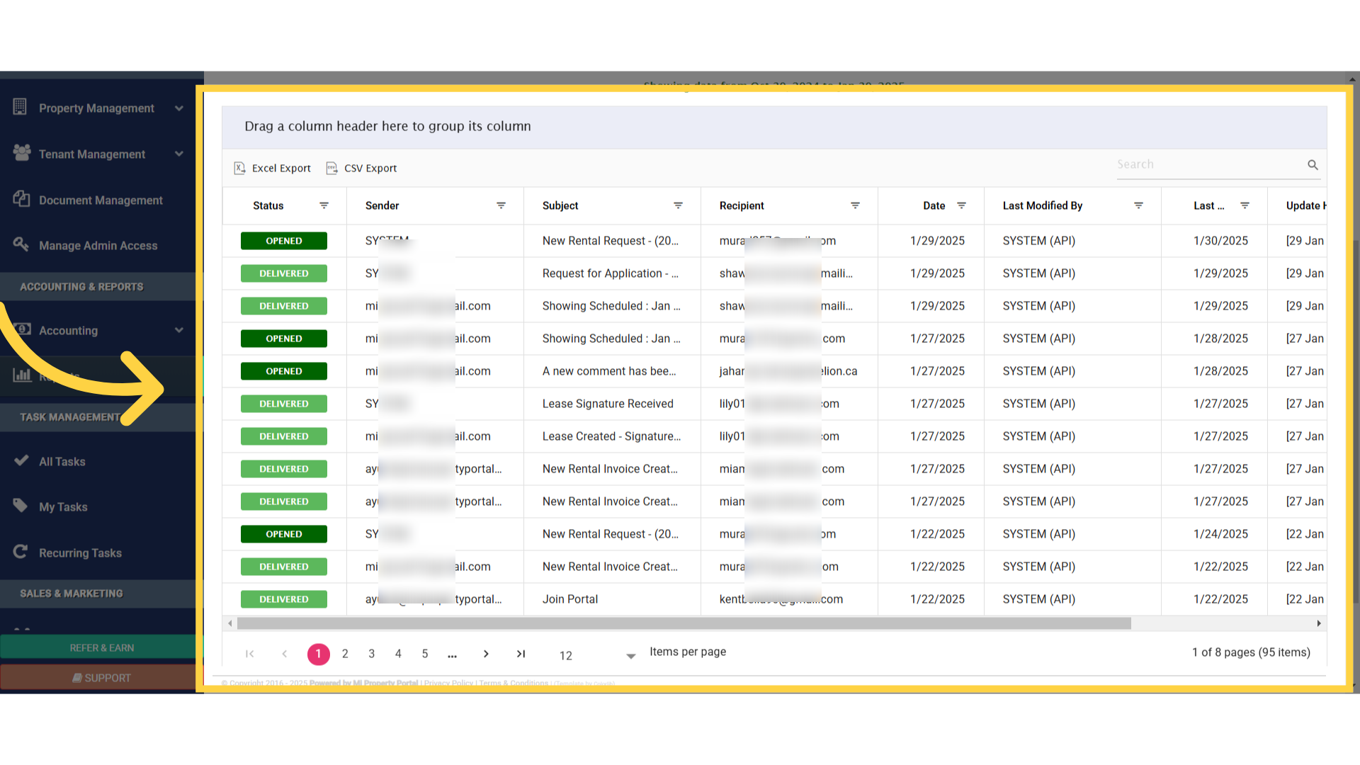 Click 'Drag a column header here to group its columnExcel ExportCSV Export StatusSenderSubjectRecipientDateLast Modified...'