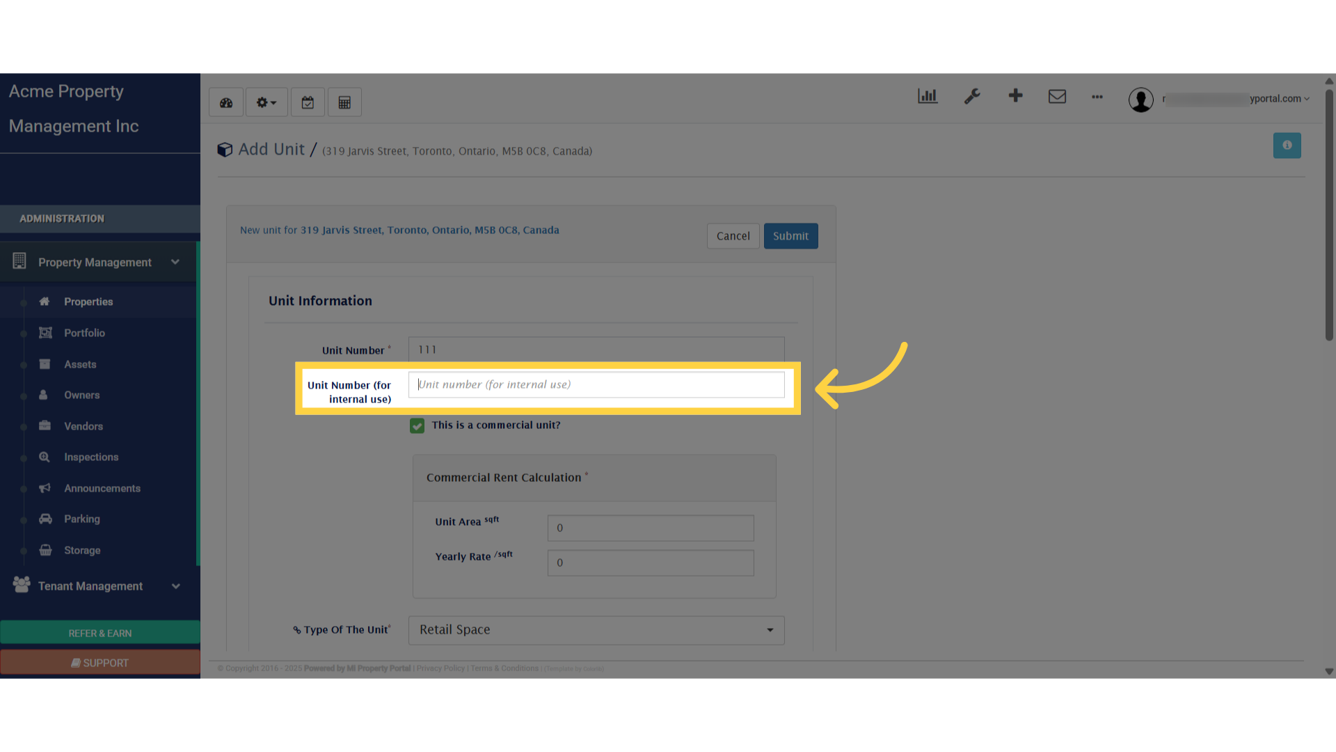 Click 'Unit Number (for internal use)'
