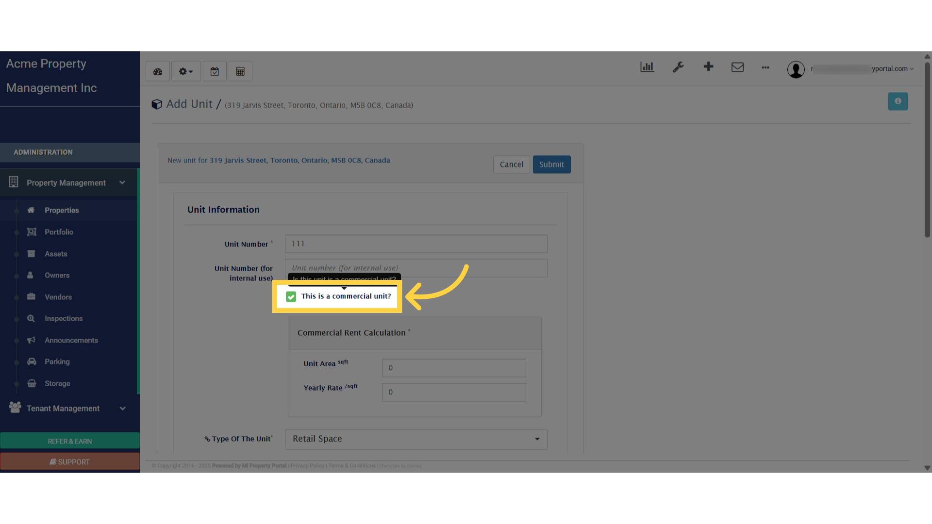 Click 'This is a commercial unit?'