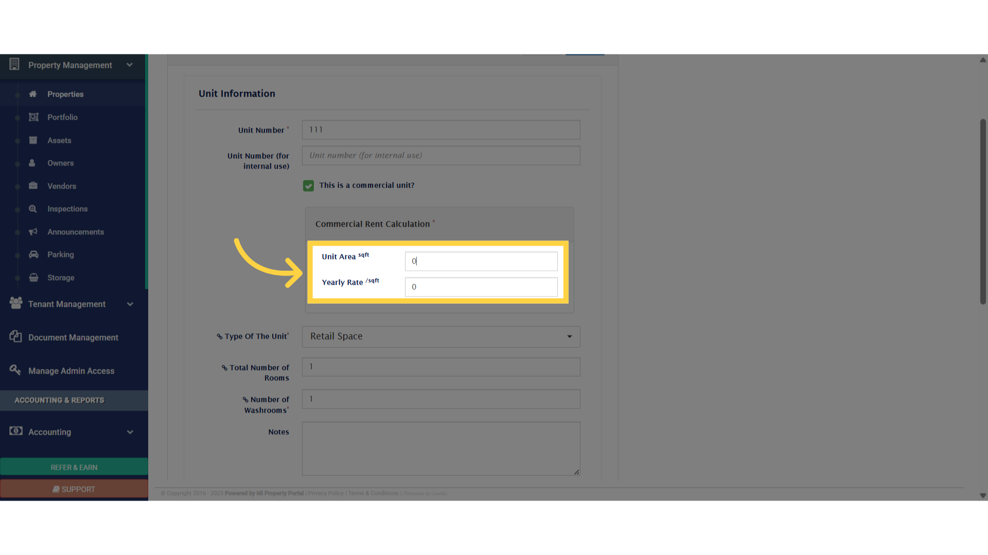Click 'Unit Area sqft'
