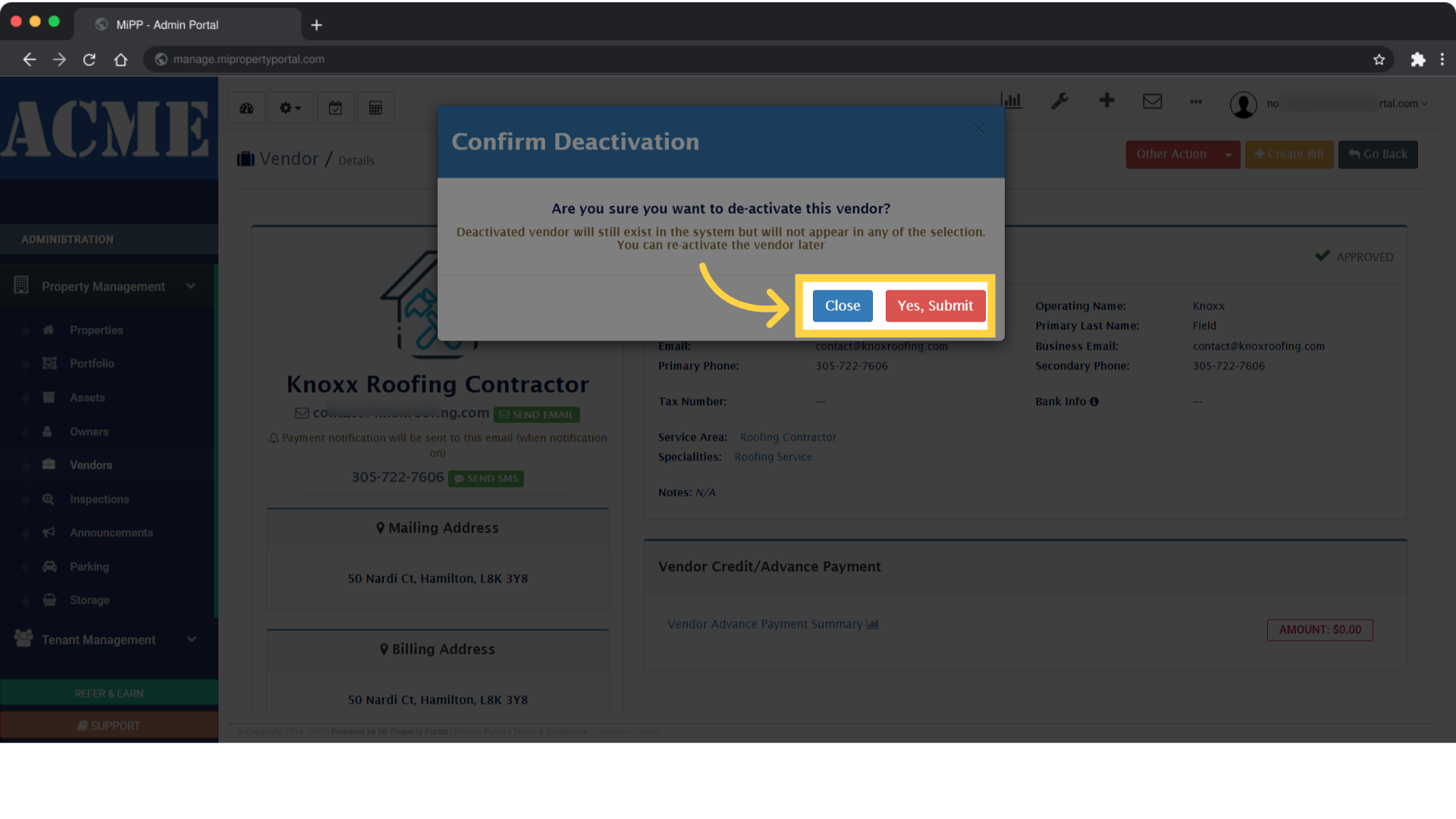 Click 'Close Yes, Submit'