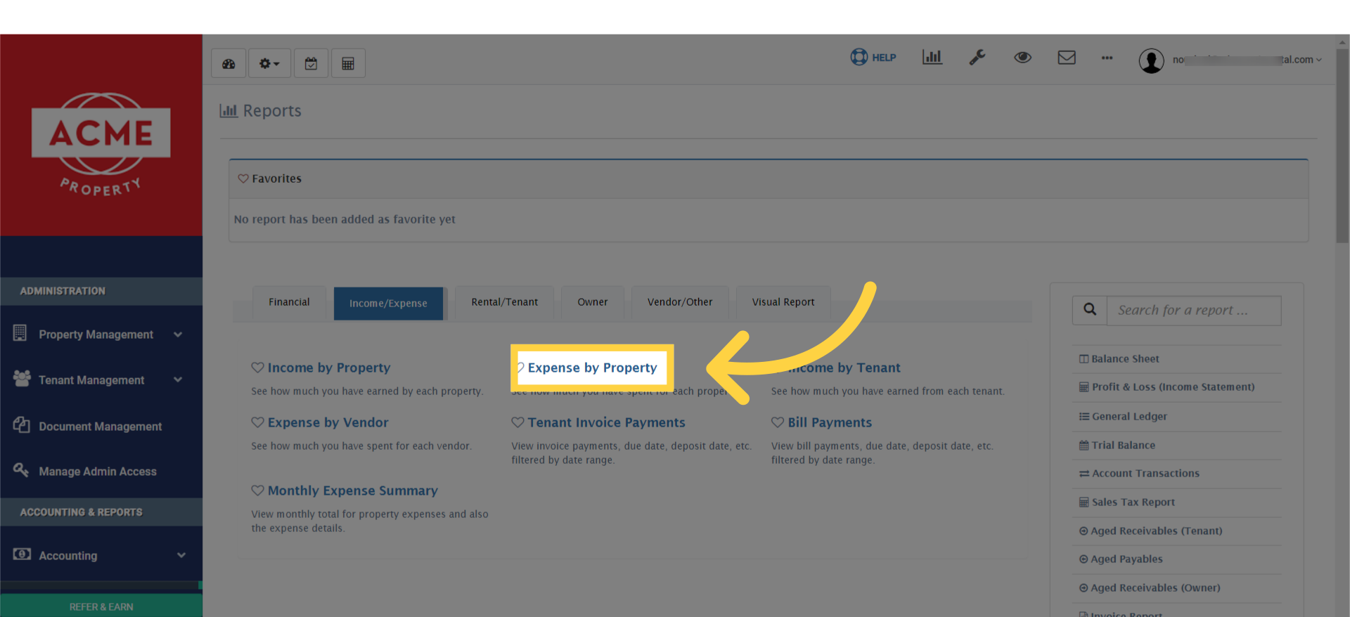 Here, you'll find the option 'Expense by Property.' Click on this to start filtering your expenses property-wise