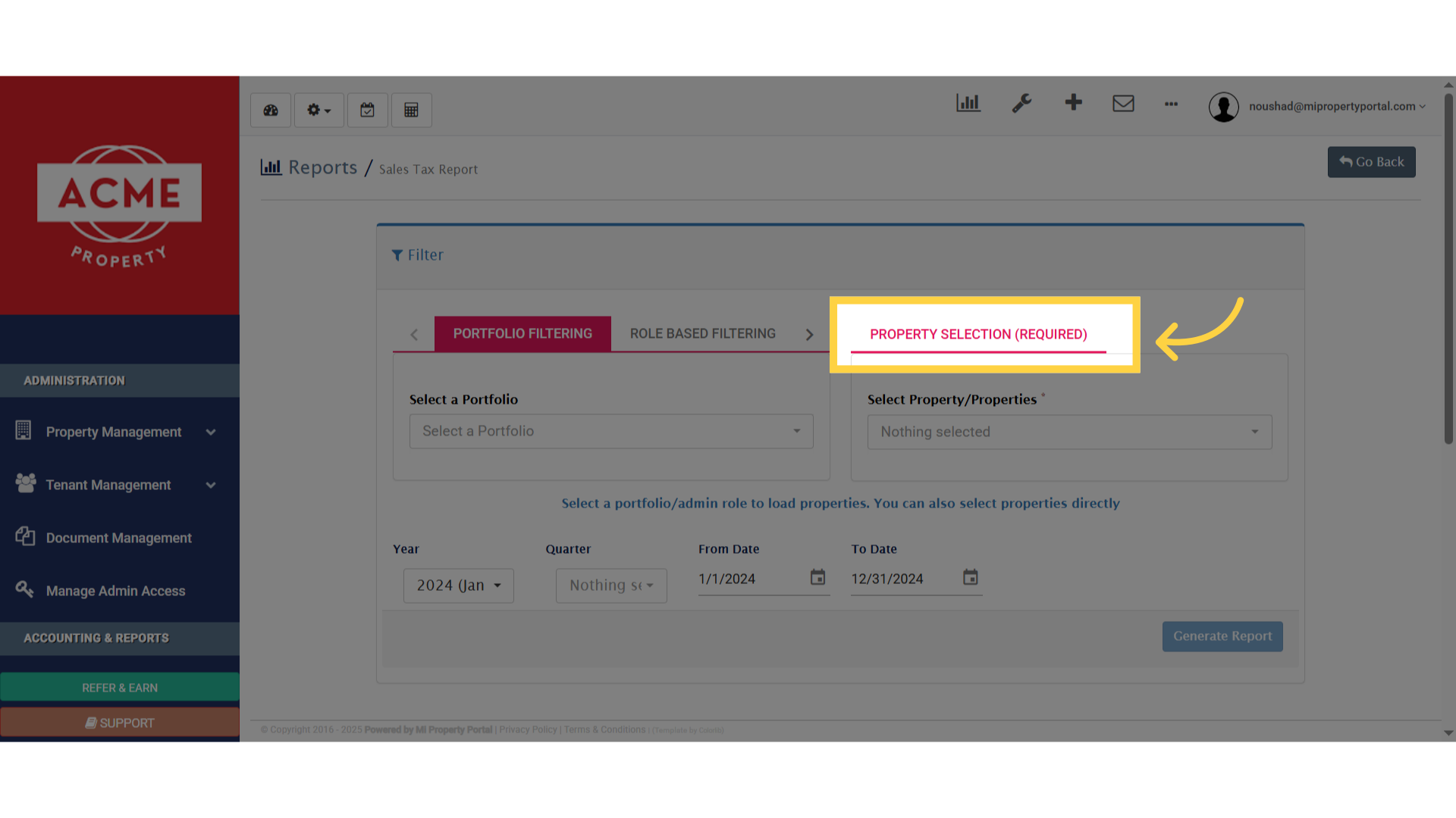 Click 'Property Selection (required)'