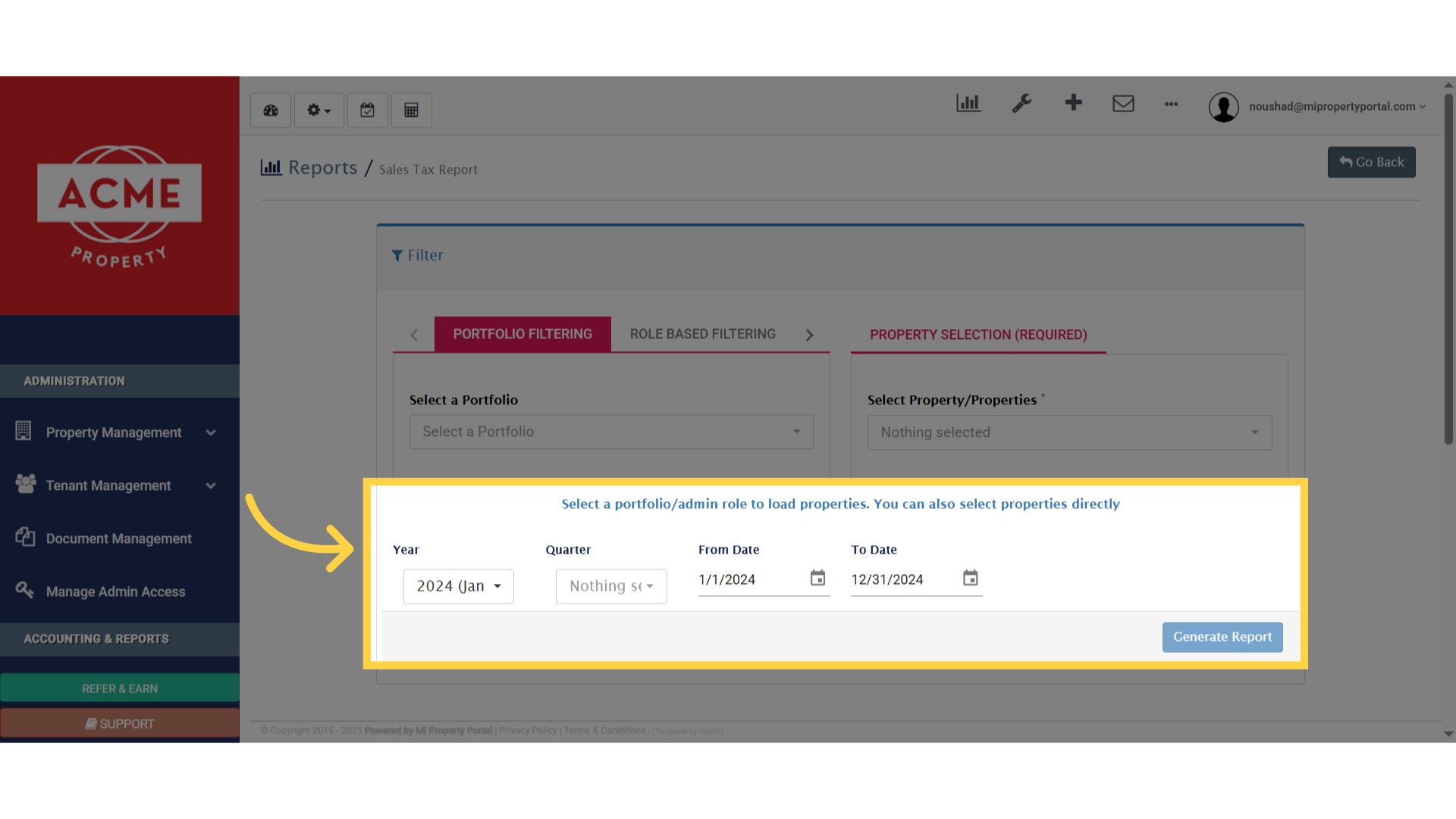 Click 'Property Selection (required)'
