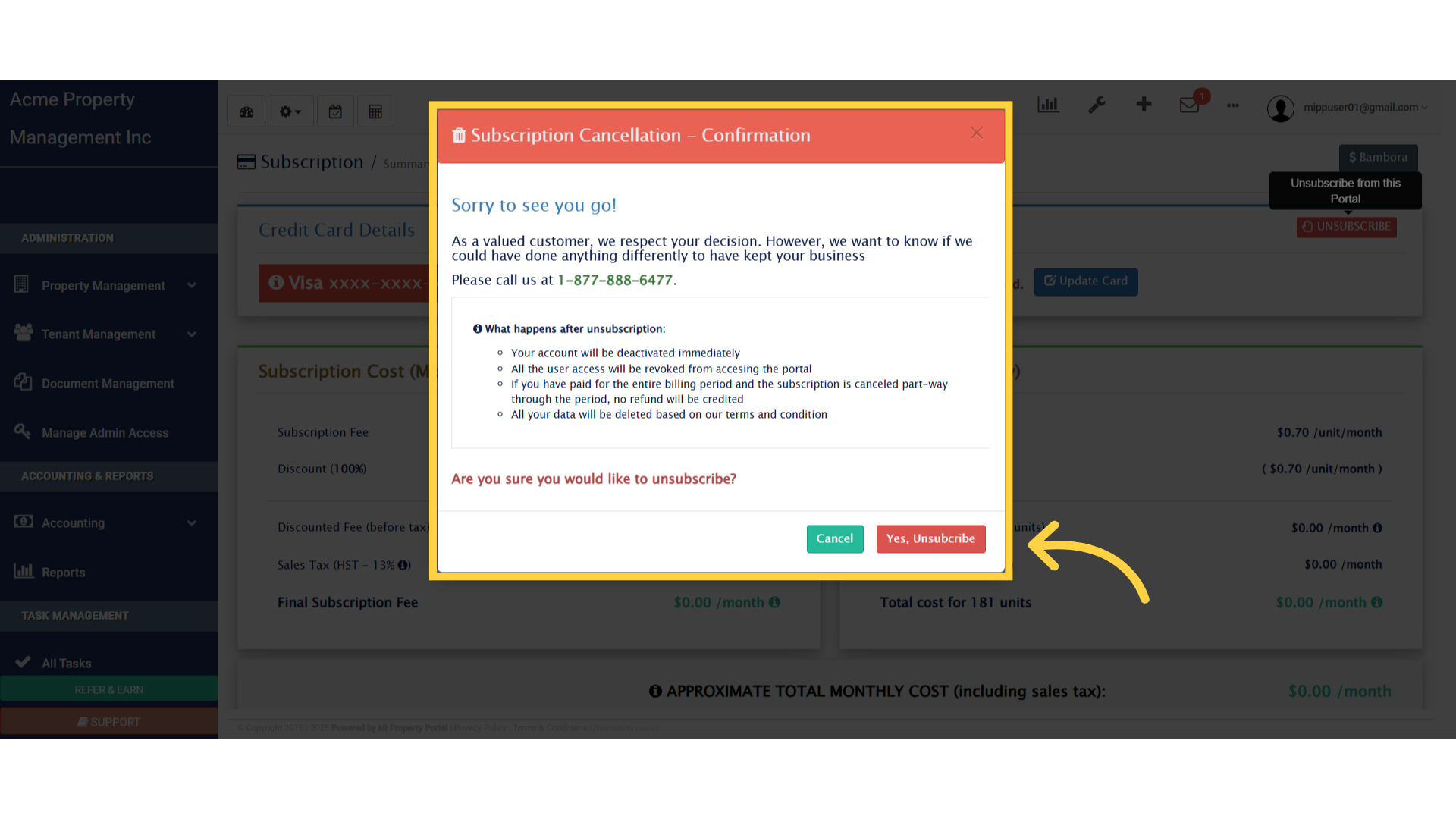 Confirm 'Yes, Unsubscribe' or 'Cancel'