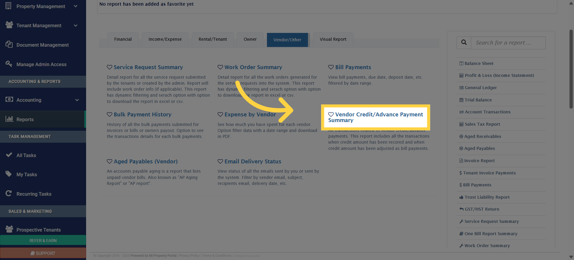 Click 'Vendor Credit/Advance Payment Summary'