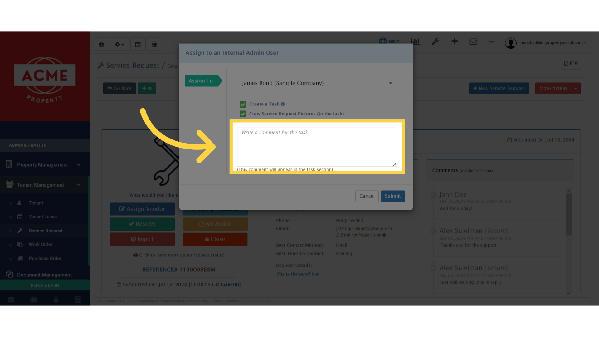 Click 'Write a comment for the task ...'
