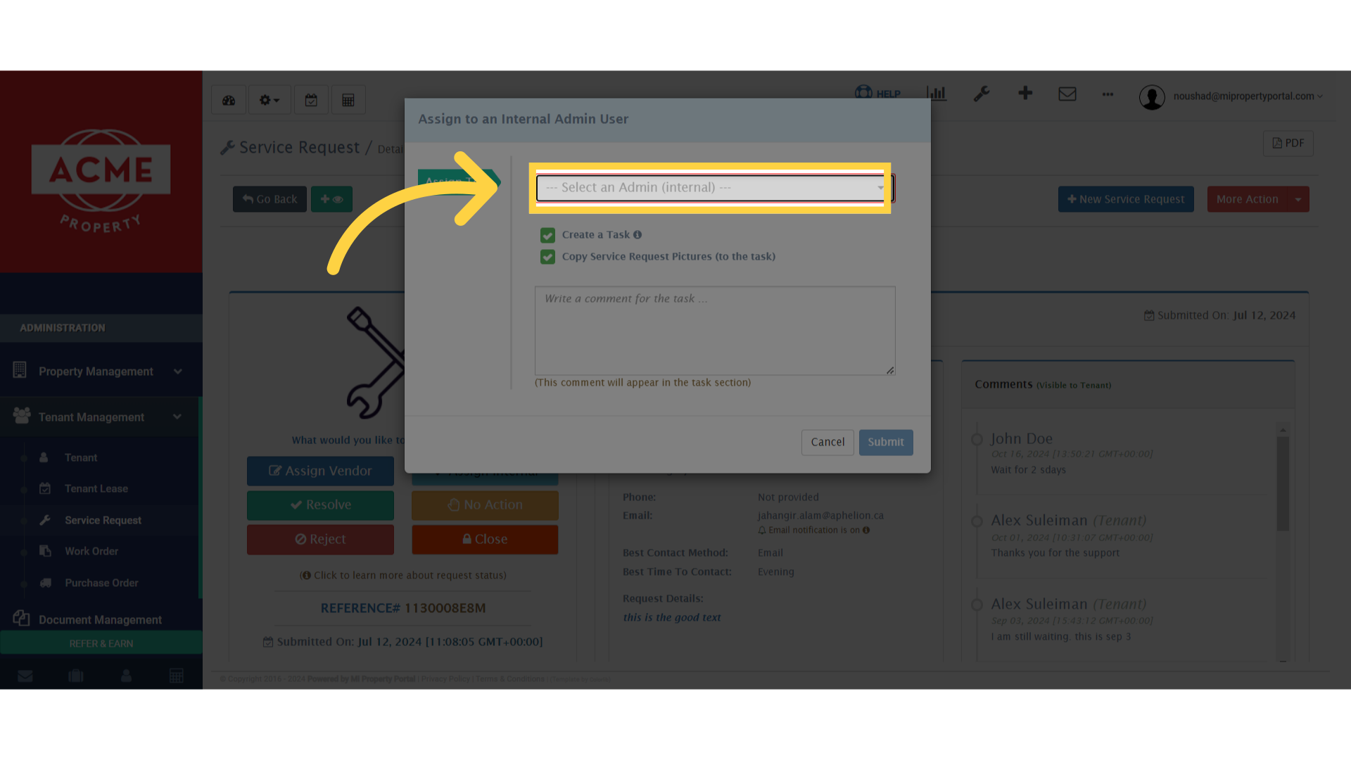Click '--- Select an Admin (internal) ---'