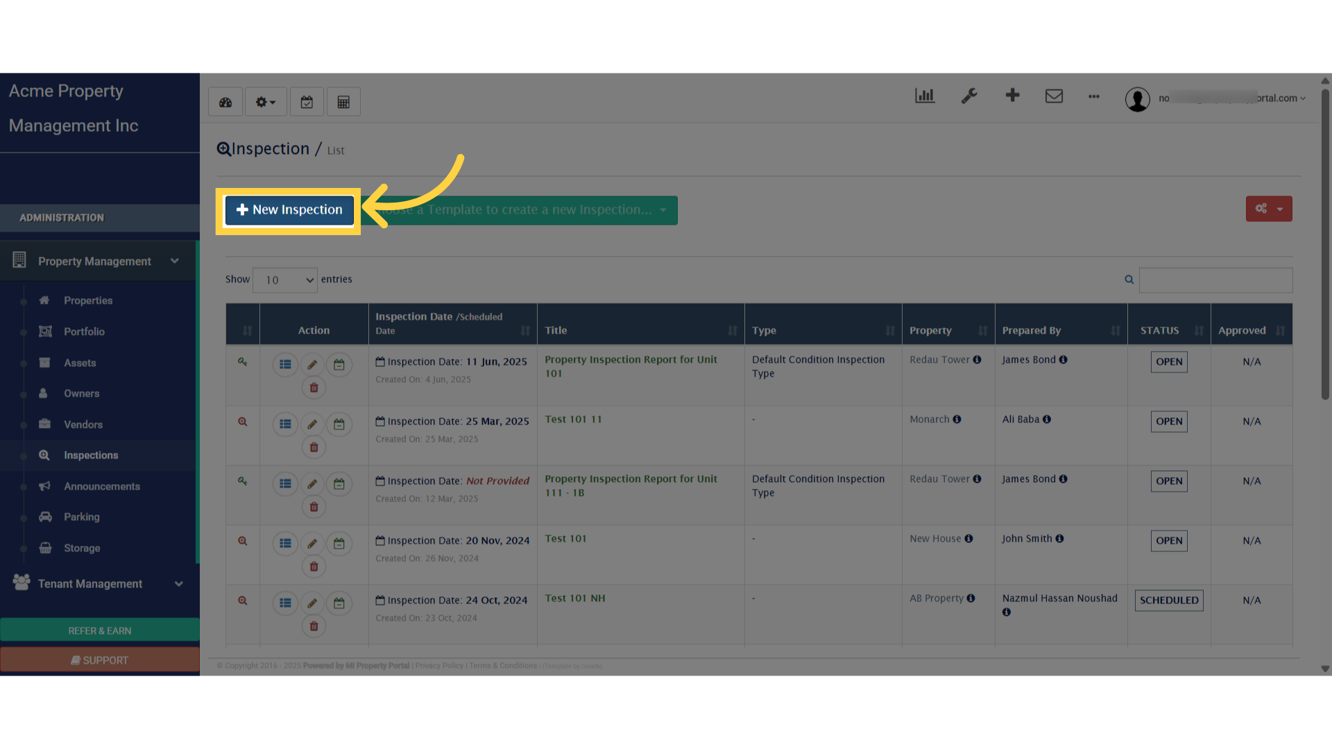 Click 'New Inspection'
