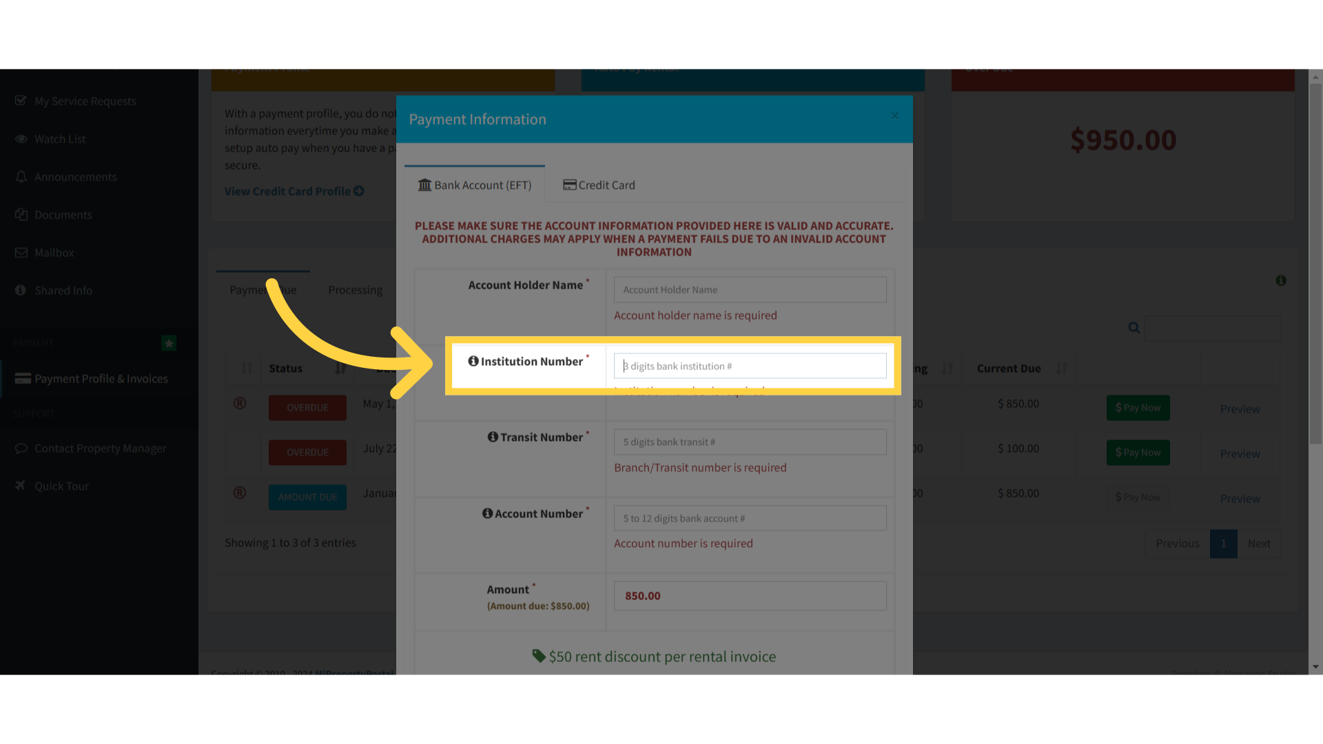 Click '3 digits bank institution #'