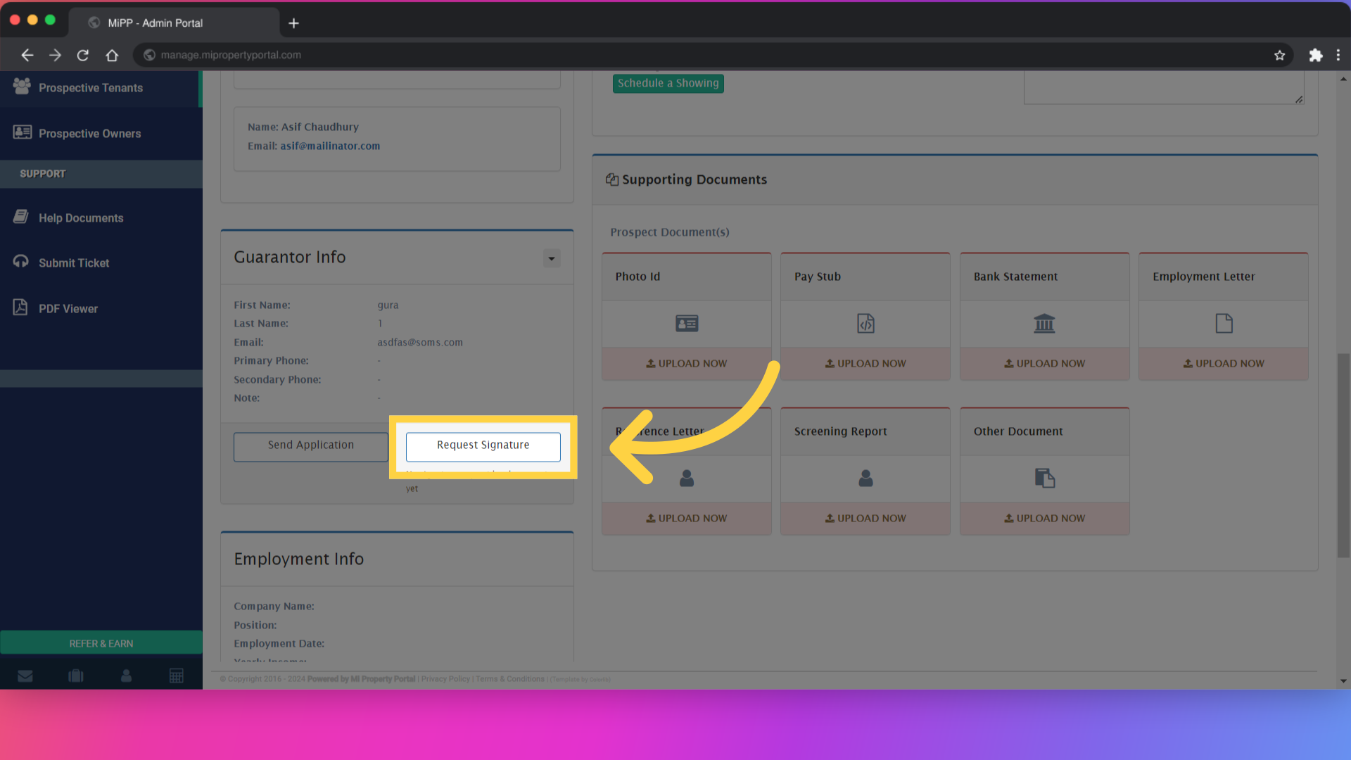 Within the Guarantor Info section, locate and click on 'Request Signature'