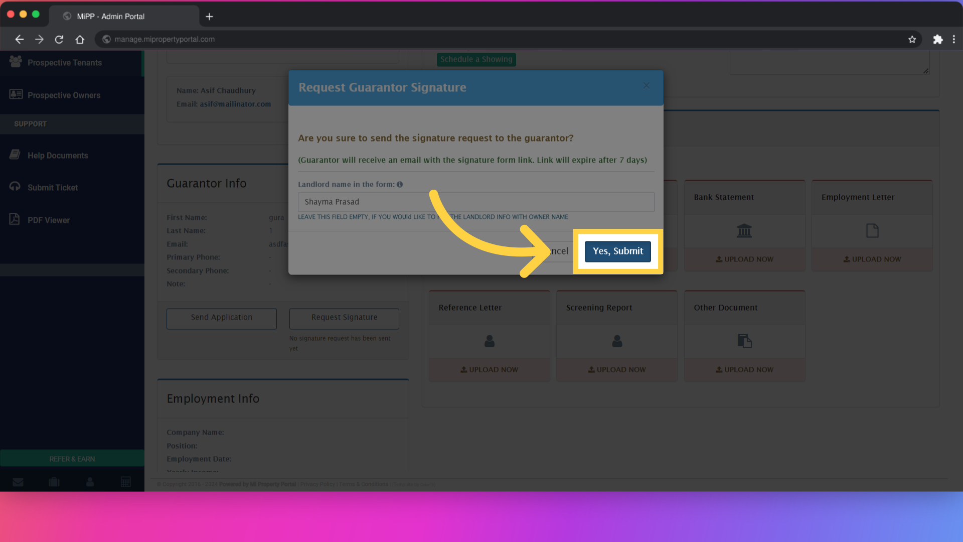 click on 'Yes, Submit' to send out the signature request.