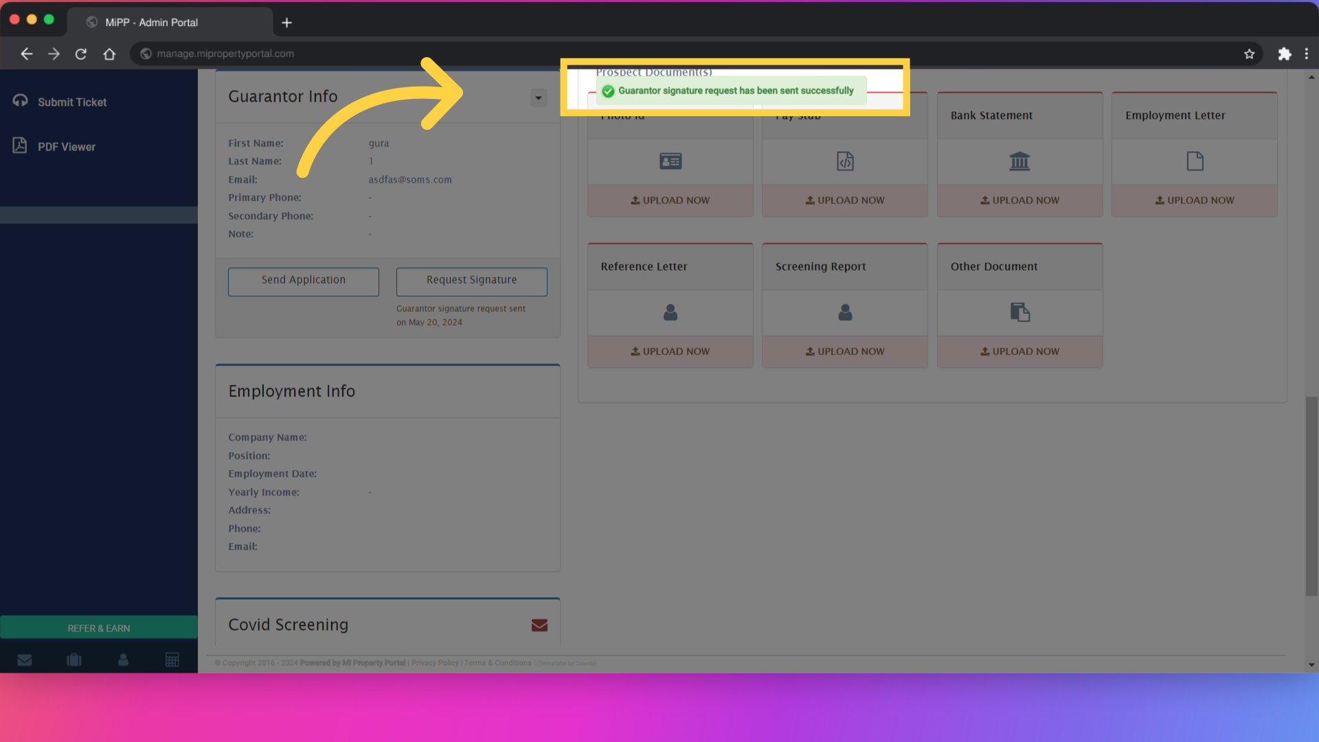 A confirmation message stating 'Guarantor signature request has been sent successfully'