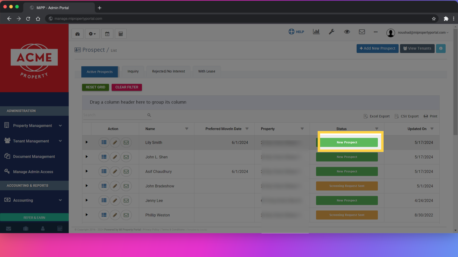 Search for the tenant you are working with and select 'New Prospect'