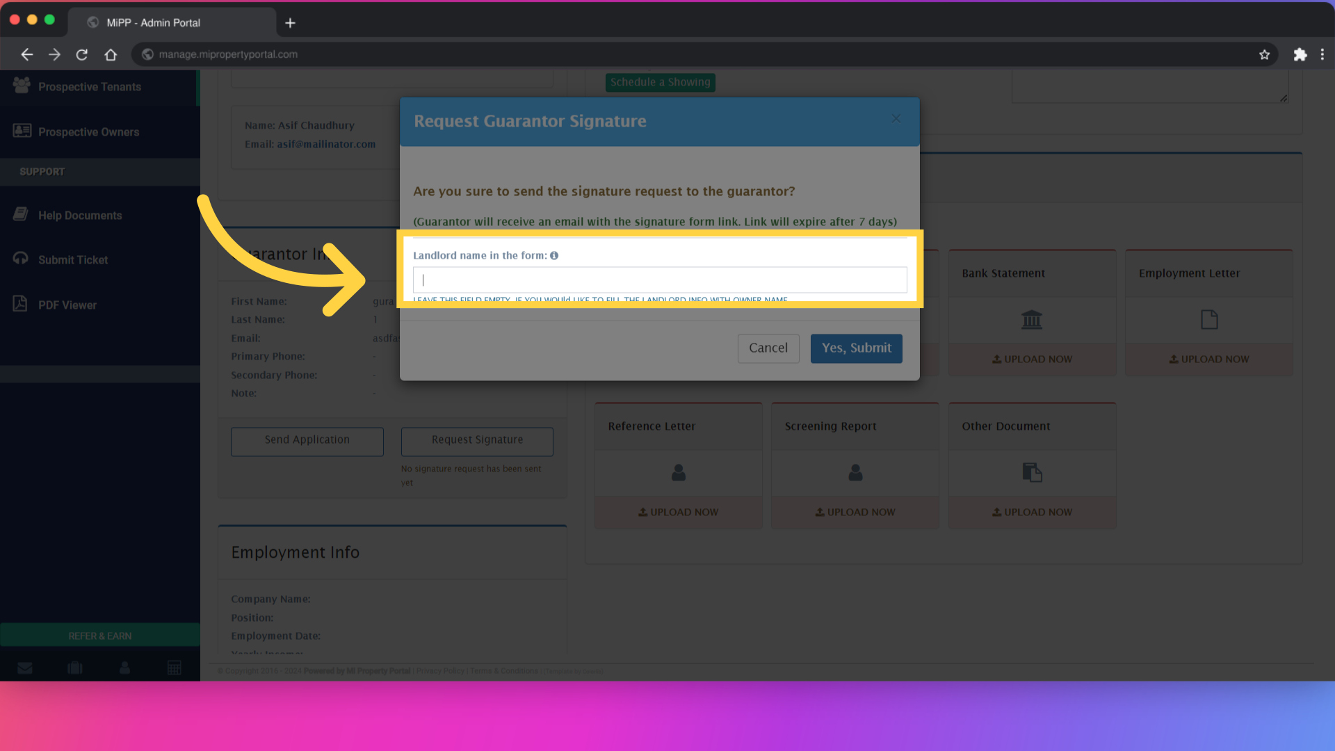 Fill in the 'Landlord name in the form:'